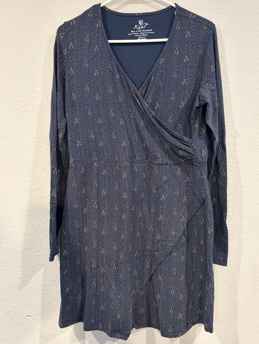 Kuhl Womens Blue Gold Printed Faux Wrap V Neck Long Sleeve Mini Dress Size Med